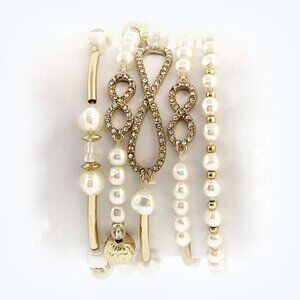 Eternity Stretch Bracelet Set of 5  w/Pearl & Gold Beads - New w/Tags